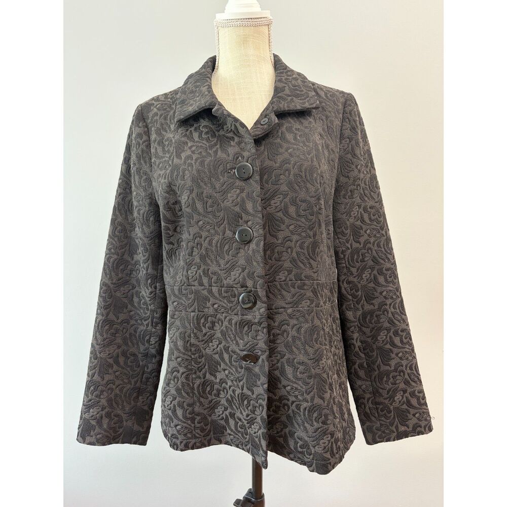 Black Jacquard Floral Button Down Jacket Brocade Coat Womens Large Whimsigoth